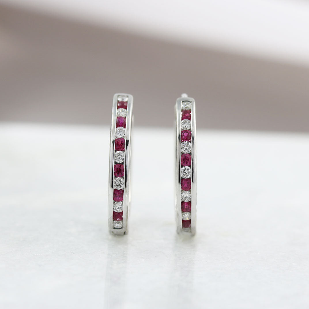 9ct White Gold Small Ruby & Diamond Hoop Earrings