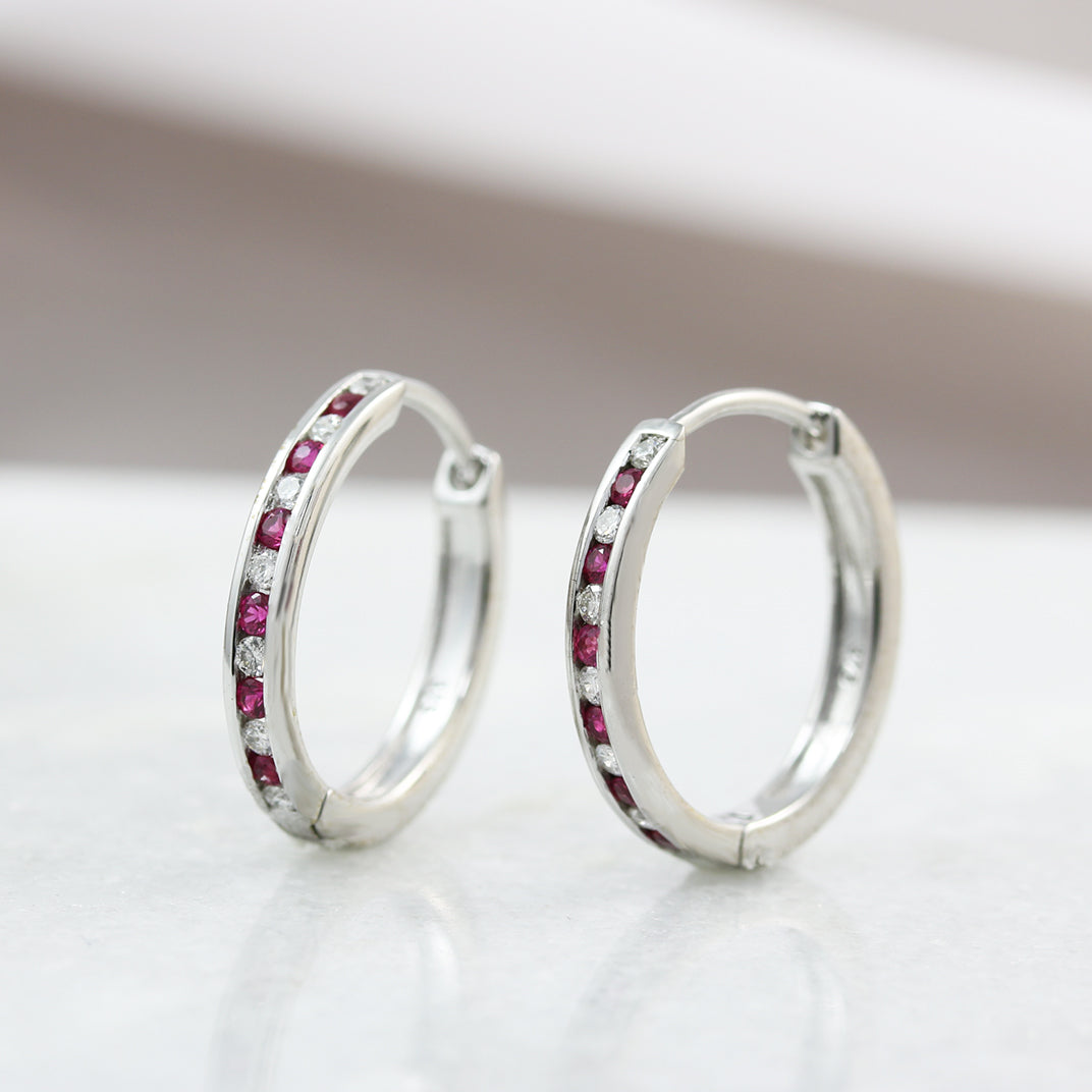 9ct White Gold Small Ruby & Diamond Hoop Earrings