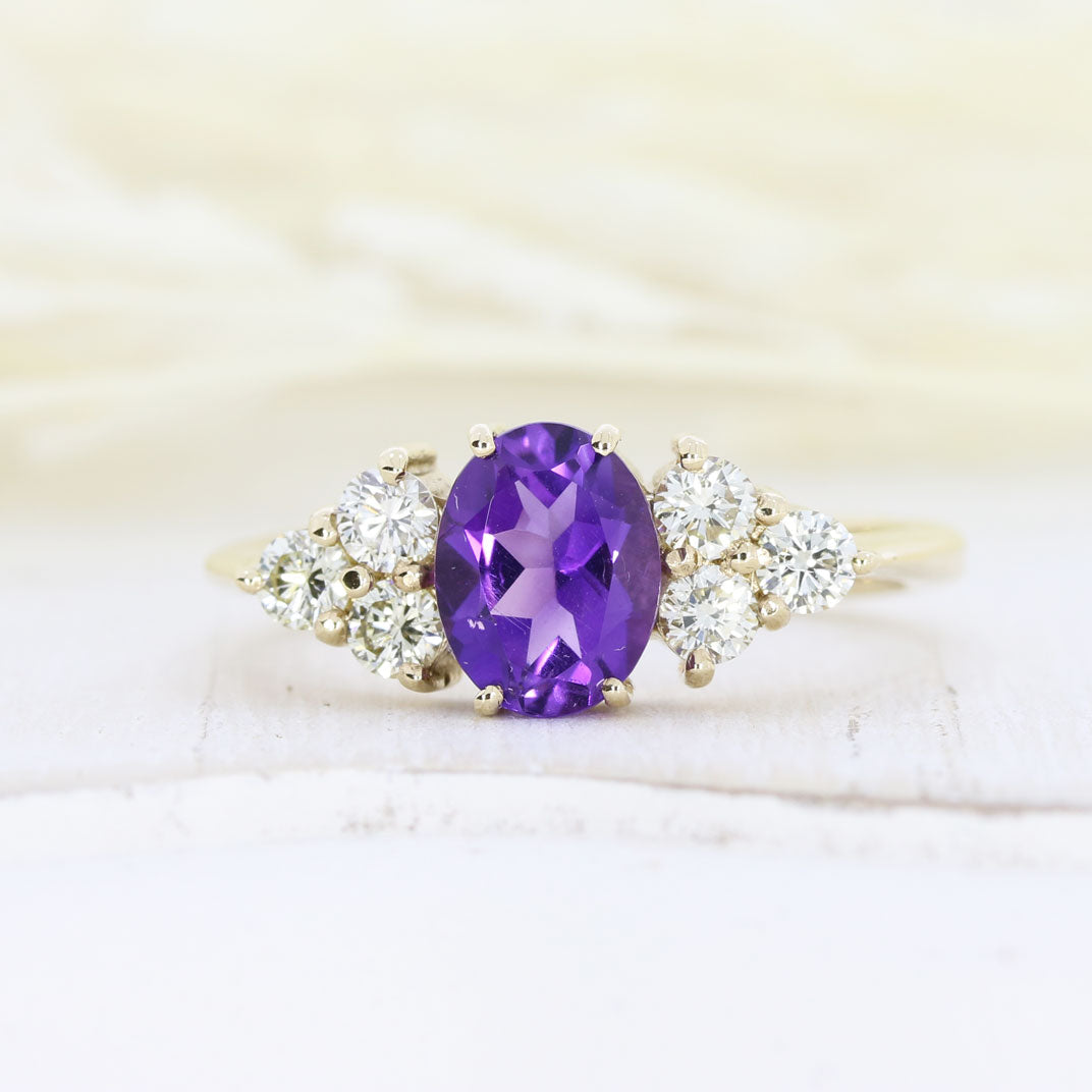 9ct Gold Ring Oval Amethyst & Diamond Ring