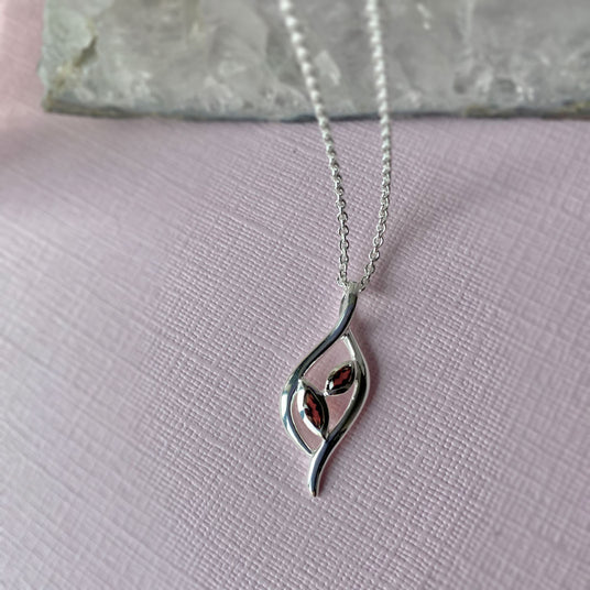 Silver Leaf Shaped Garnet Pendant