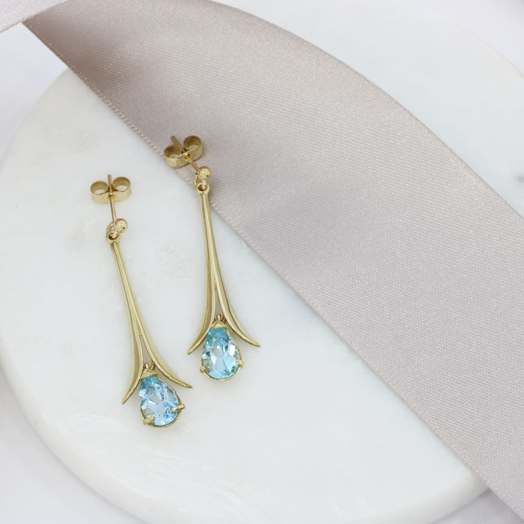 9ct Yellow Gold Blue Topaz Long Drop Earrings