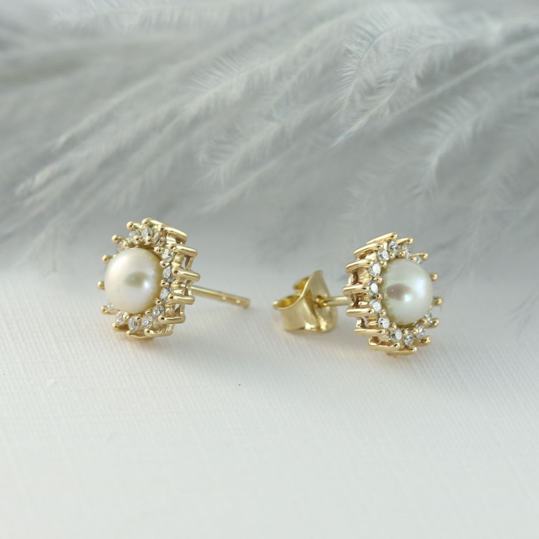 9ct Yellow Gold Pearl & Diamond Cluster Earrings