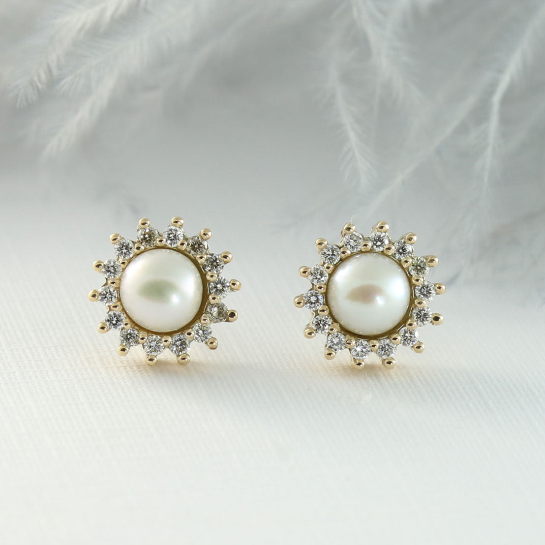 9ct Yellow Gold Pearl & Diamond Cluster Earrings