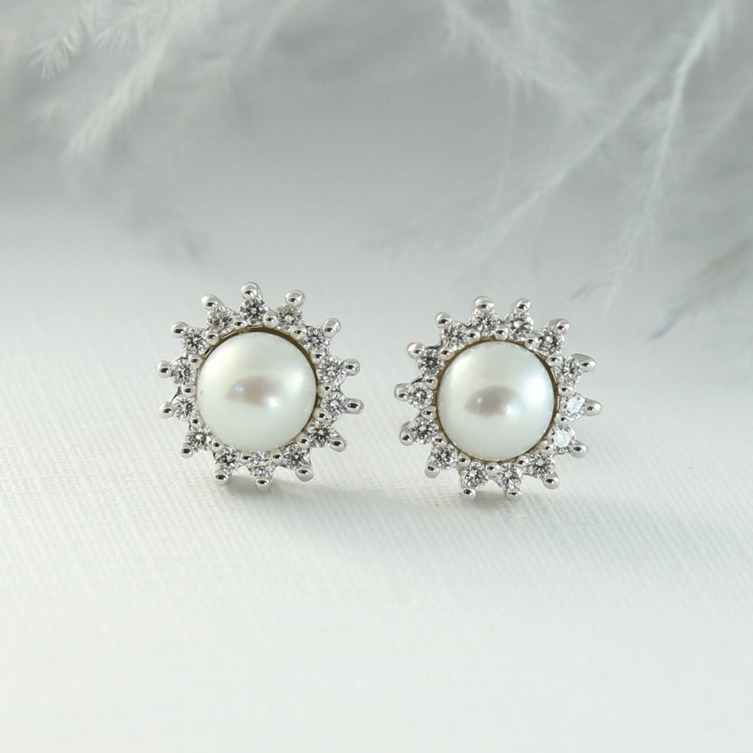 9ct White Gold Pearl & Diamond Cluster Earrings