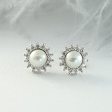 9ct White Gold Pearl & Diamond Cluster Earrings