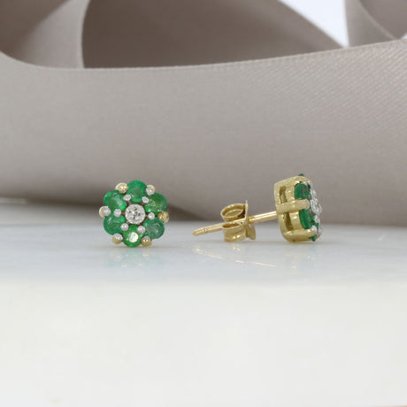 9ct Yellow Gold Emerald & Diamond Flower Cluster Stud Earrings