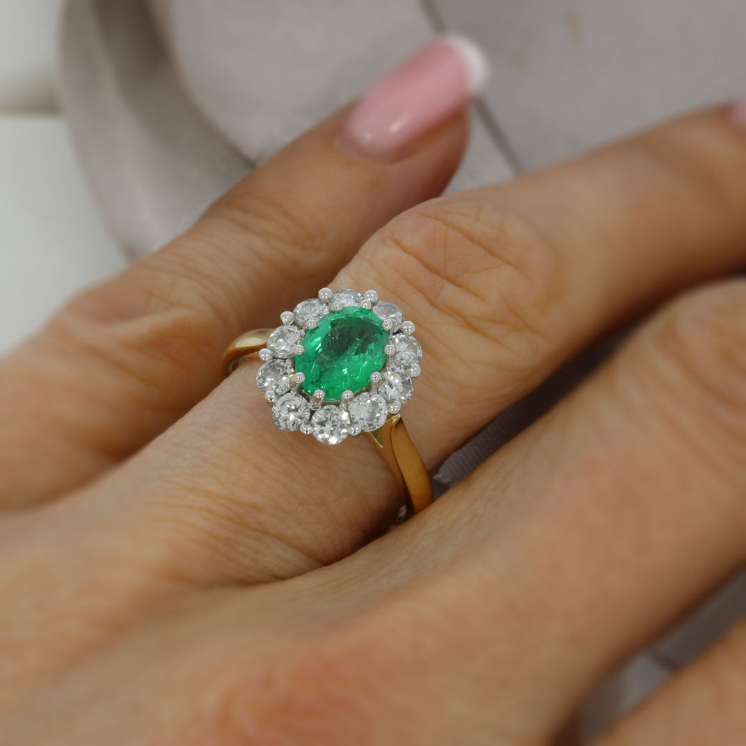 Pre Owned 18ct Gold & Platinum Emerald & Diamond Cluster Ring