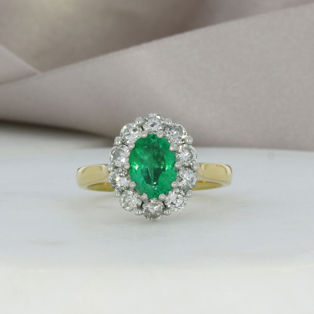 Pre Owned 18ct Gold & Platinum Emerald & Diamond Cluster Ring