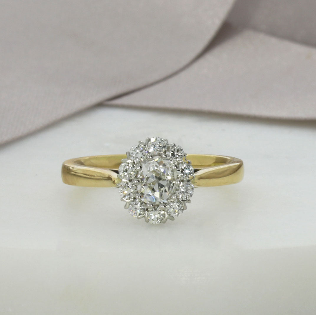 18ct Yellow Gold & Platinum Oval Claw Set Diamond Cluster Ring 0.85ct