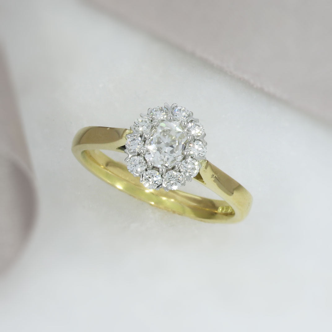 18ct Yellow Gold & Platinum Oval Claw Set Diamond Cluster Ring 0.85ct