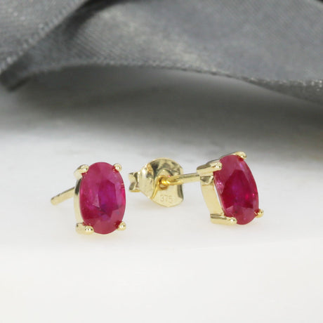 9ct Yellow Gold 4 Claw Set Oval Ruby Stud Earrings