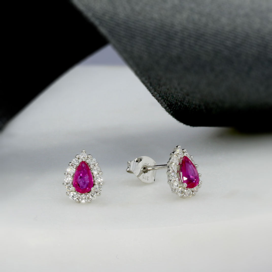 9ct White Gold Pear Shape Ruby and Diamond Cluster Earrings