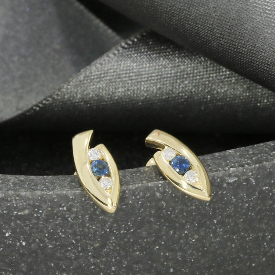 9ct Yellow Gold Sapphire & Diamond Marquise Shaped Earrings