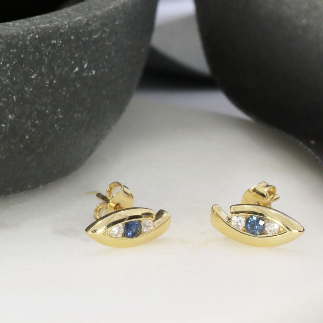 9ct Yellow Gold Sapphire & Diamond Marquise Shaped Earrings