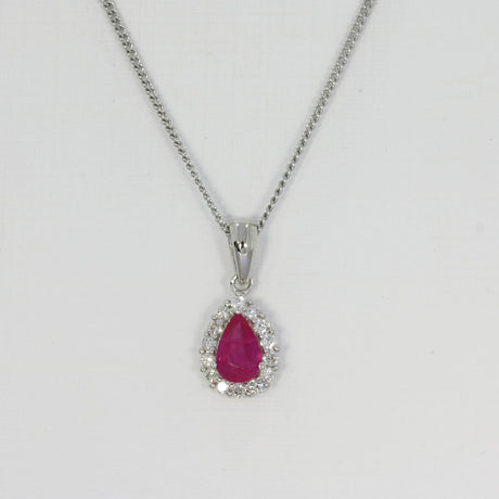 9ct White Gold Pear Shape Ruby and Diamond Cluster Pendant