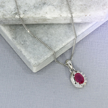 9ct White Gold Oval Ruby & Diamond Pendant