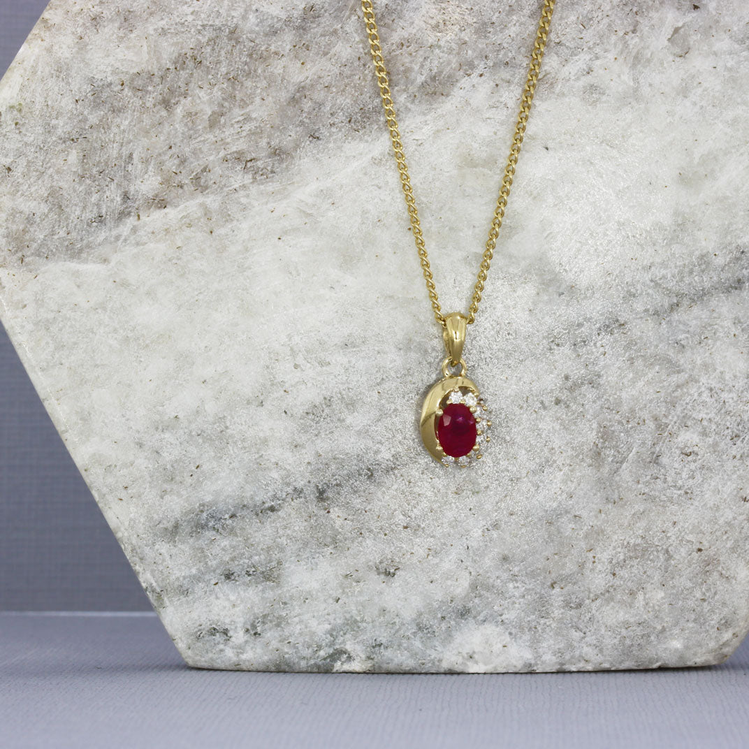 9ct Yellow Gold Oval Ruby & Diamond Pendant