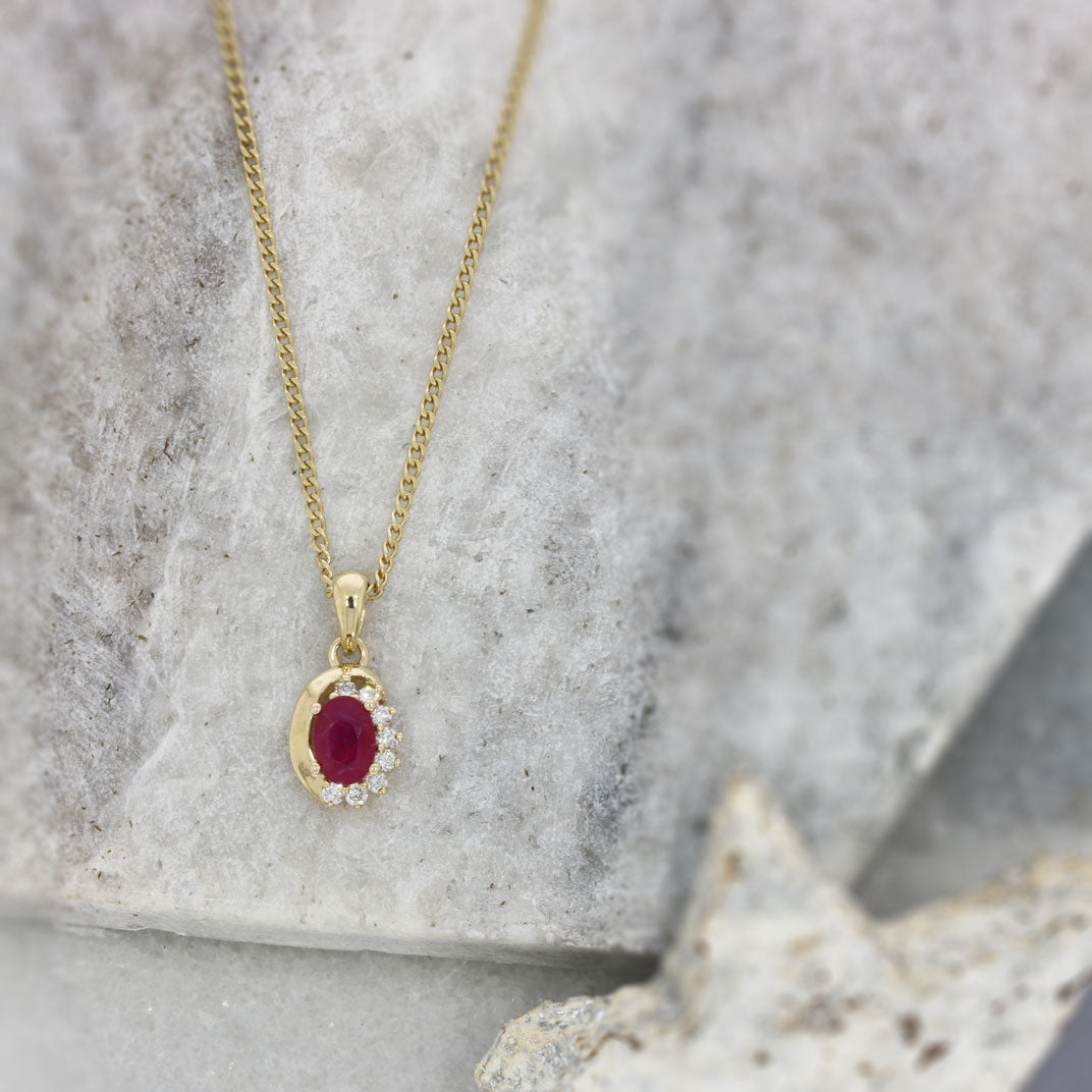 9ct Yellow Gold Oval Ruby & Diamond Pendant