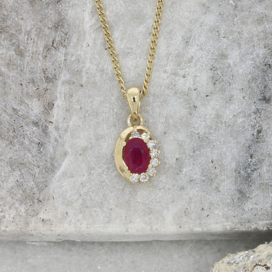 9ct Yellow Gold Oval Ruby & Diamond Pendant