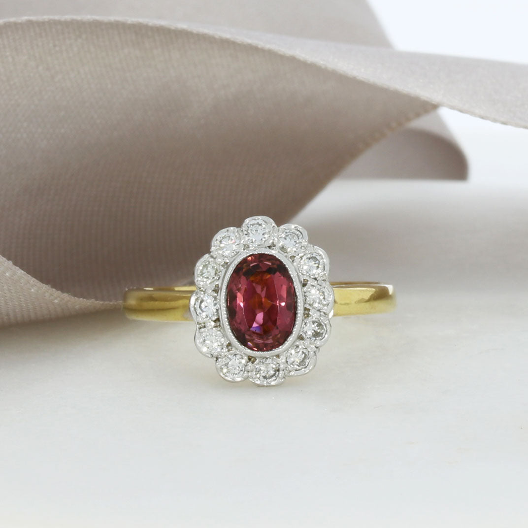 18ct yellow gold Pink Tourmaline & Diamond Cluster ring