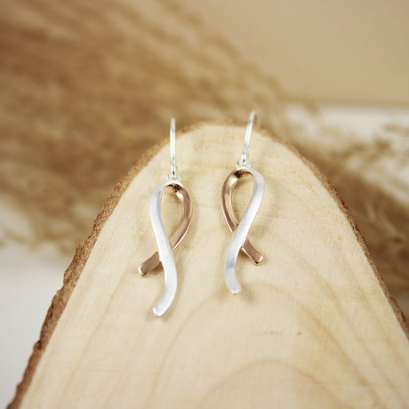 Silver Ribbon Style Earrings with Rose Gold Accent