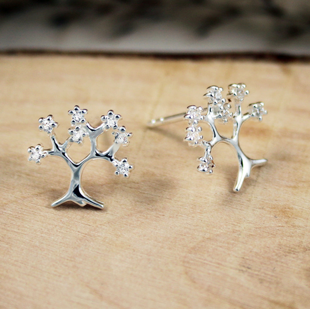 Silver Fancy Tree Earrings with Cubic Zirconia's