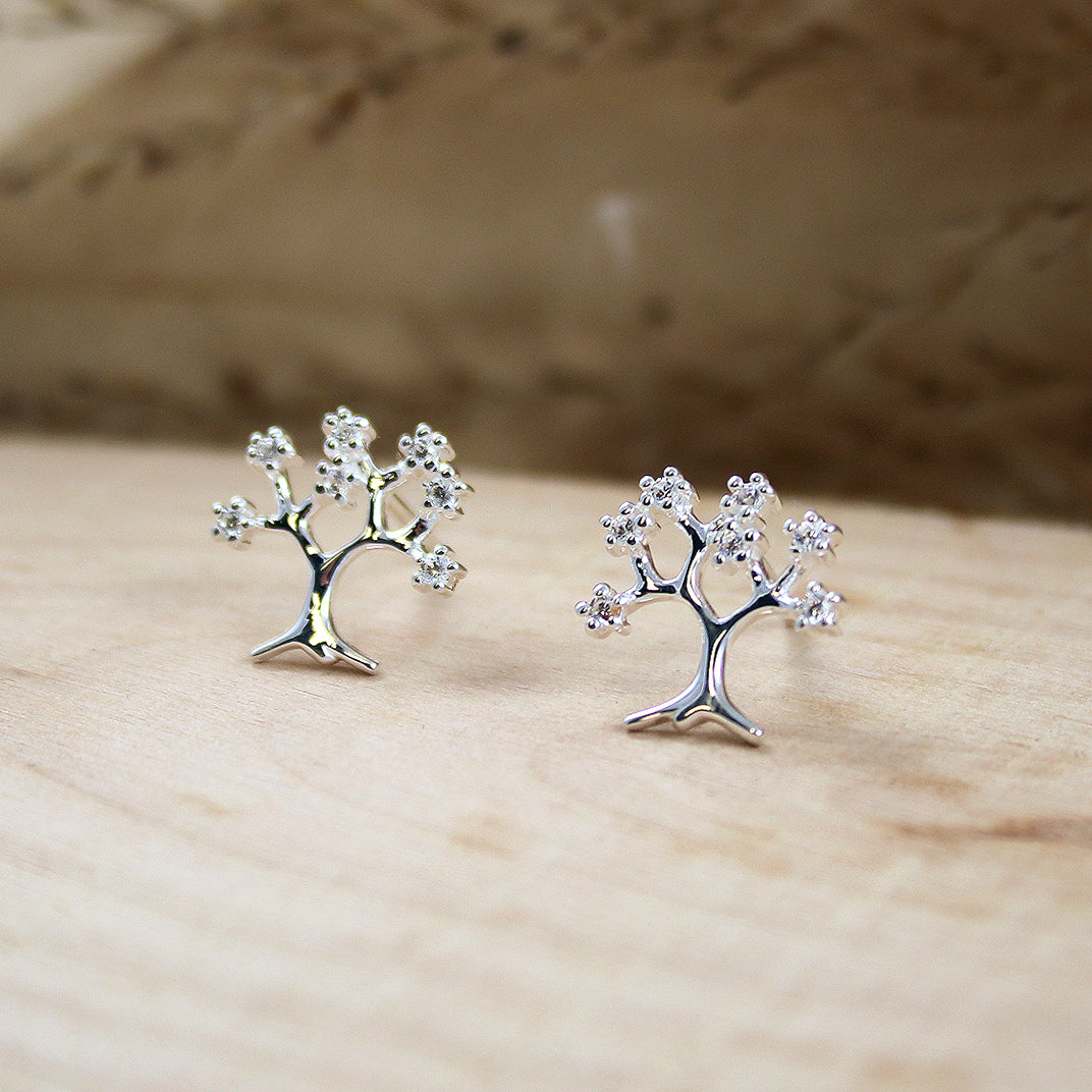 Silver Fancy Tree Earrings with Cubic Zirconia's