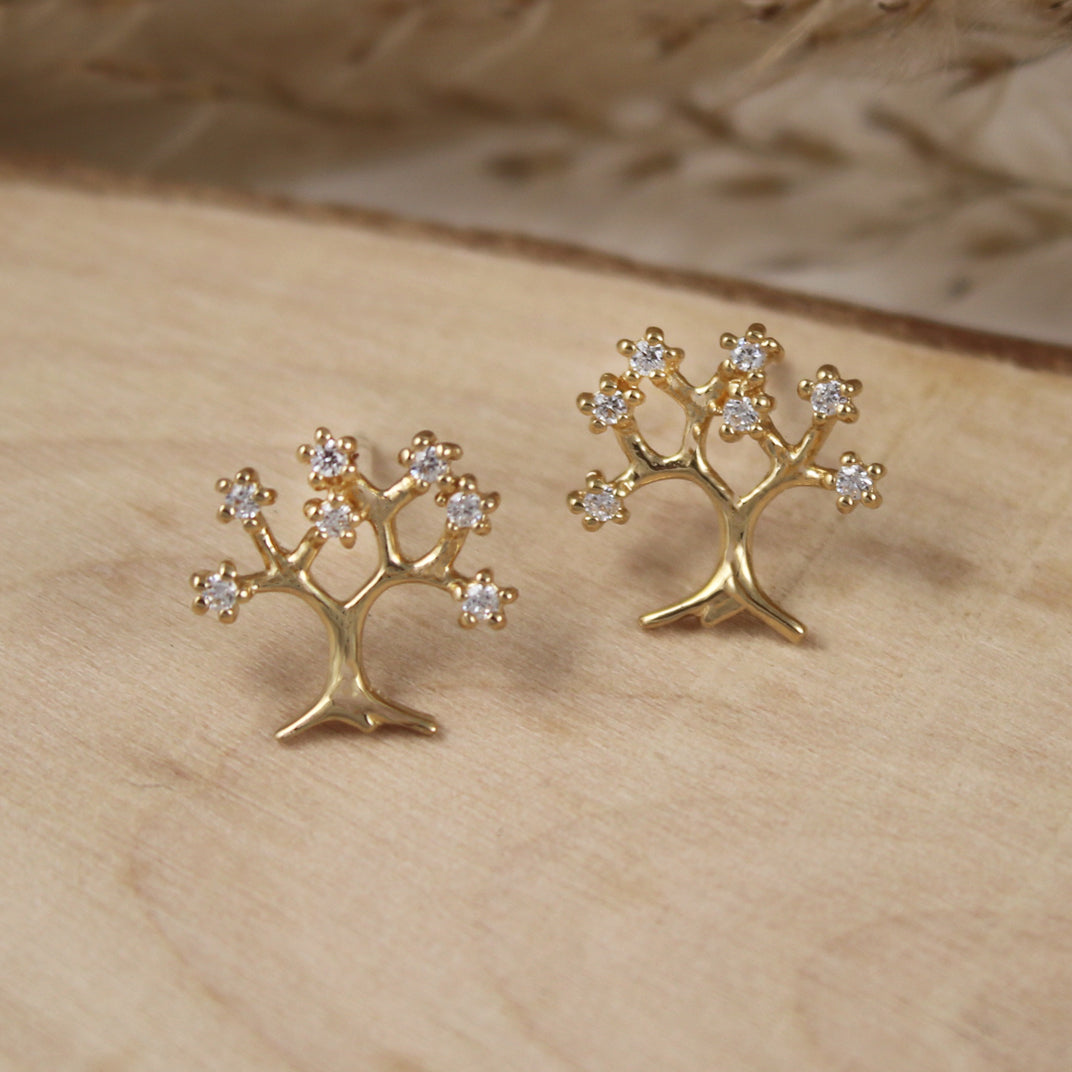 Silver & Yellow Gold Fancy Tree Earrings with Cubic Zirconia