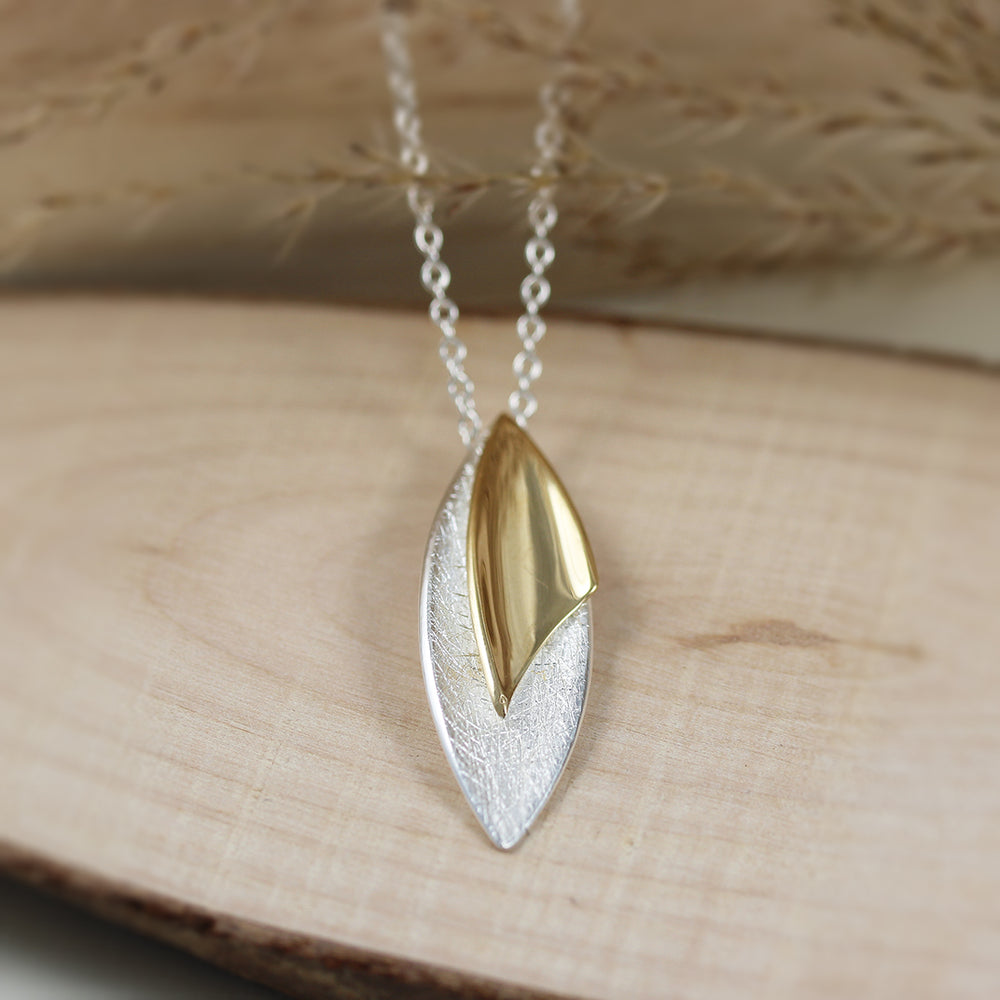 Silver Scratch Effect Large  Marquise Pendant with Yellow Gold Overlay