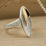 Silver Large Marquise Shape Ring with Yellow Gold Overlay