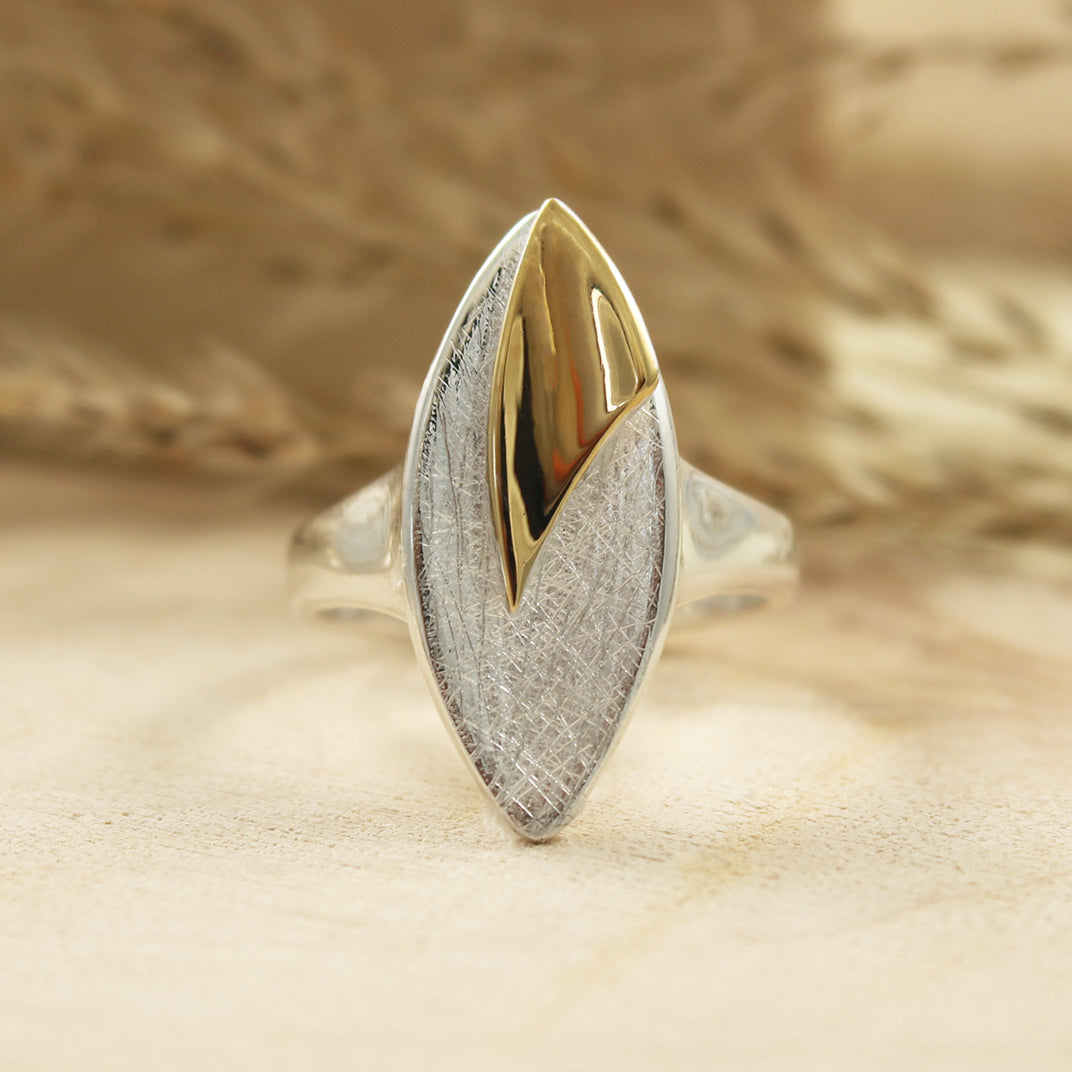 Silver Large Marquise Shape Ring with Yellow Gold Overlay