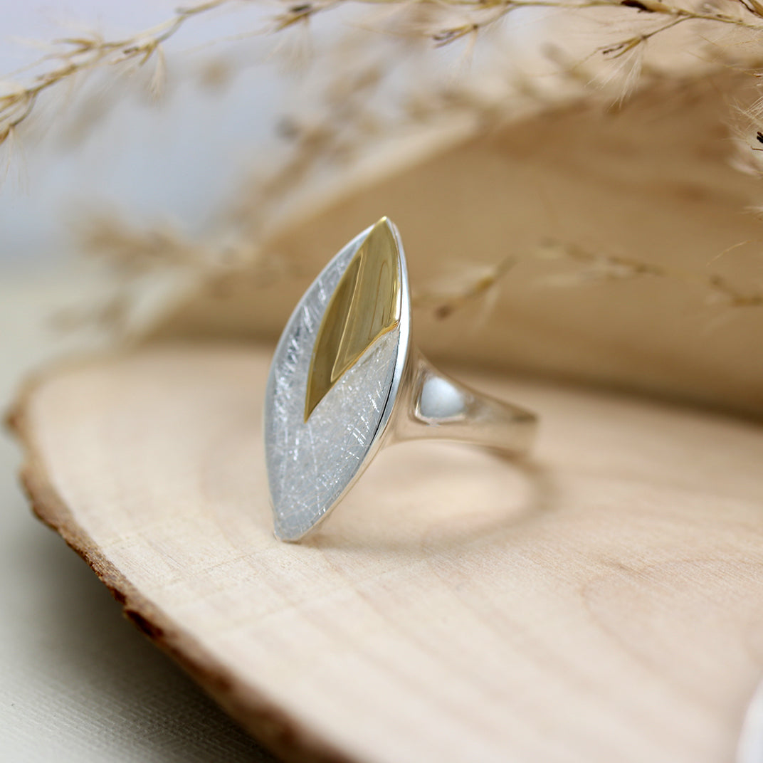 Silver Large Marquise Shape Ring with Yellow Gold Overlay