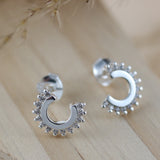 Silver Curved Stud Earrings with Claw Set Cubic Zirconia to One Edge