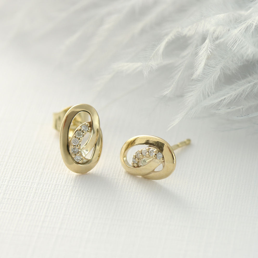 9ct Yellow Gold Oval Swirl Earrings Set With Diamonds