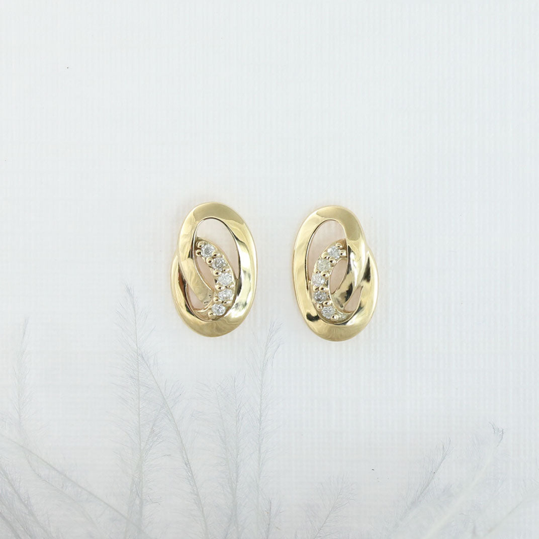 9ct Yellow Gold Oval Swirl Earrings Set With Diamonds