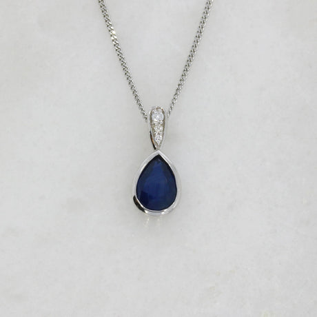 9ct White Gold Pear Shape Sapphire & Diamond Pendant