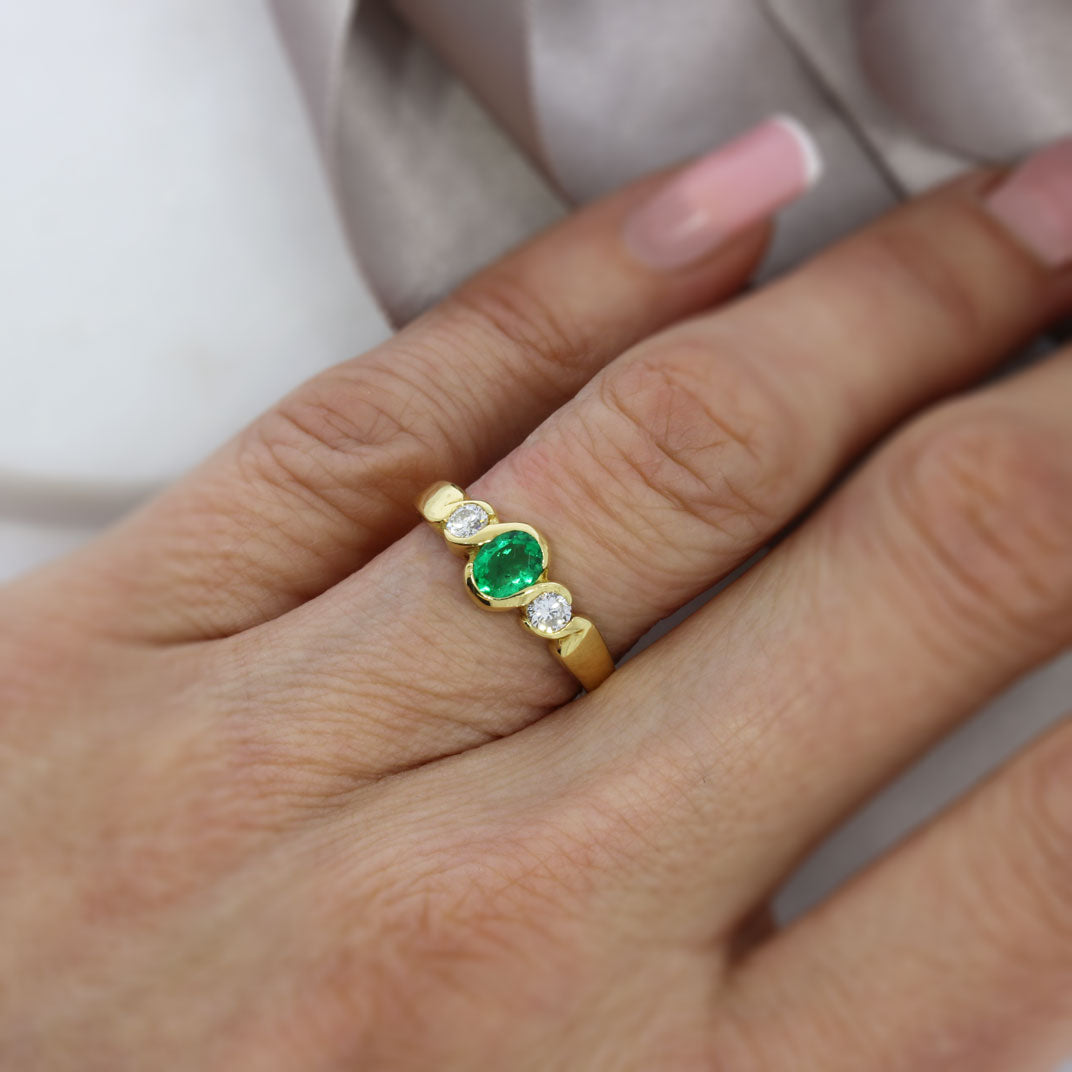 18ct Yellow Gold Emerald & Diamond Three Stone Ring