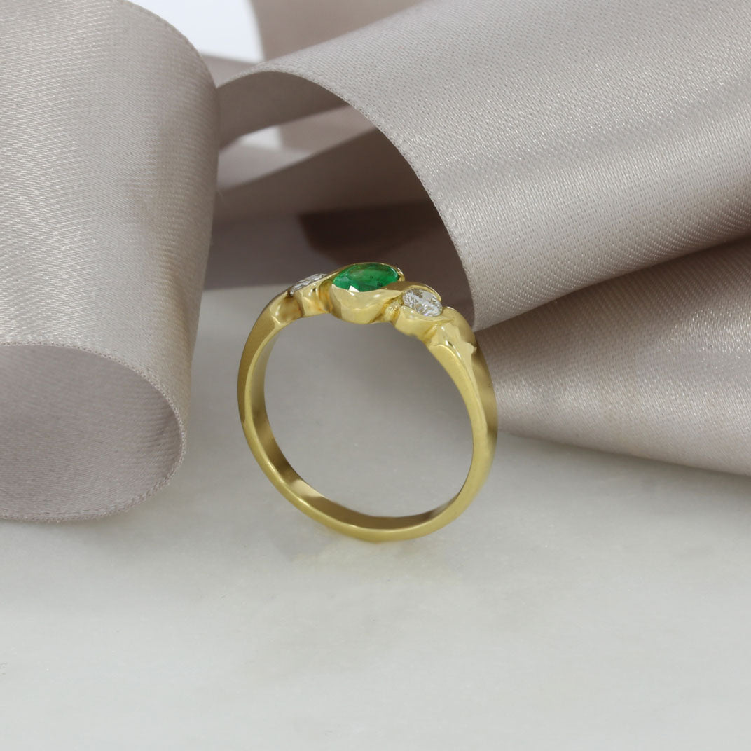 18ct Yellow Gold Emerald & Diamond Three Stone Ring