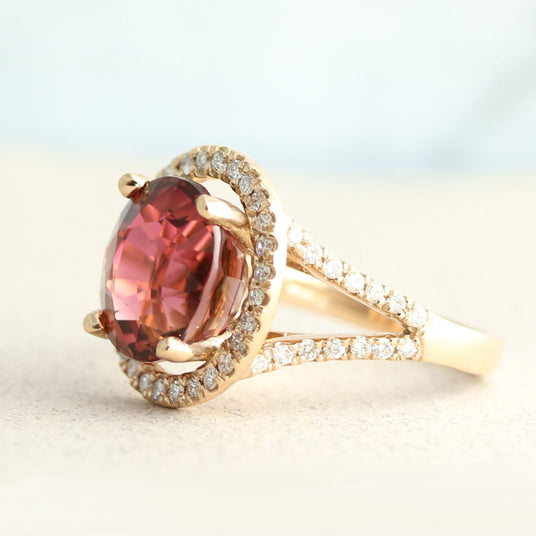 18ct Rose Gold Oval Pink Tourmaline & Diamond Halo Cluster Ring