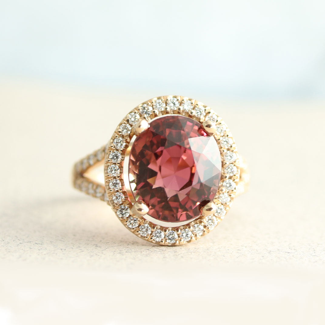 18ct Rose Gold Oval Pink Tourmaline & Diamond Halo Cluster Ring