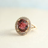 18ct Rose Gold Oval Pink Tourmaline & Diamond Halo Cluster Ring