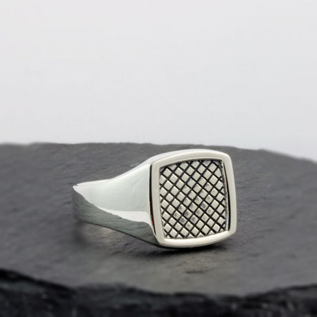 Silver Chunky Signet Ring with Oxidized Square Pattern