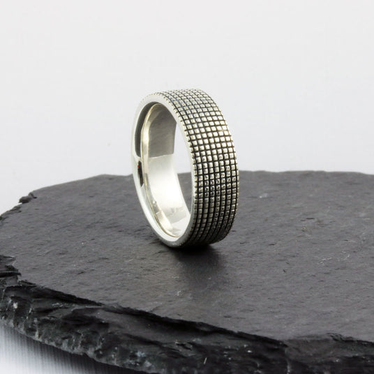 Silver Chunky Band with Oxidized Beaded Detail