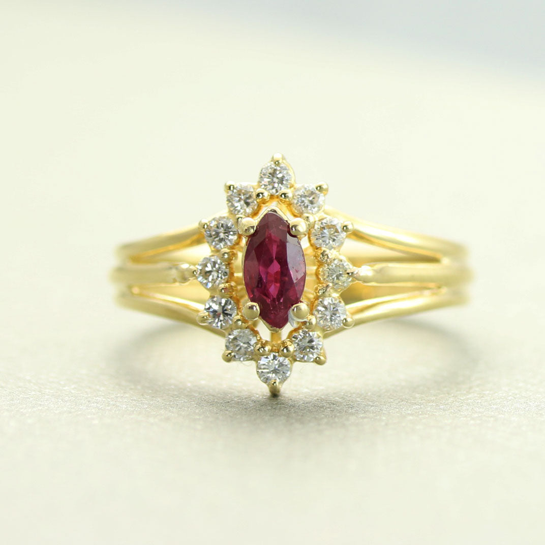 Pre Owned 18ct Gold Marquise Ruby & Diamond Cluster Ring