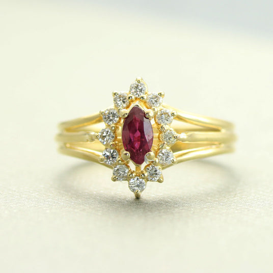 Pre Owned 18ct Gold Marquise Ruby & Diamond Cluster Ring