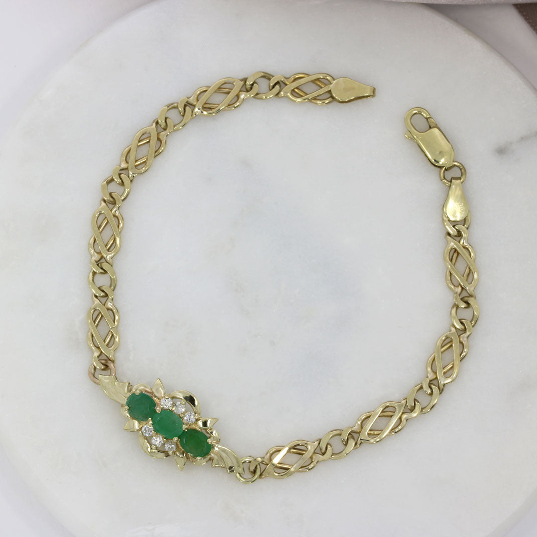 Pre Owned 9ct Yellow Gold Emerald & Diamond Bracelet