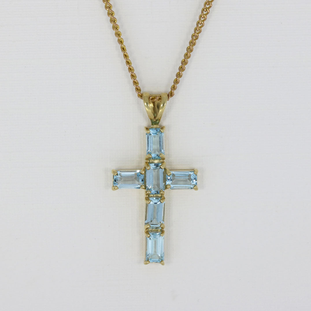 Pre Owned 9ct Yellow Gold Blue Topaz Cross & Chain