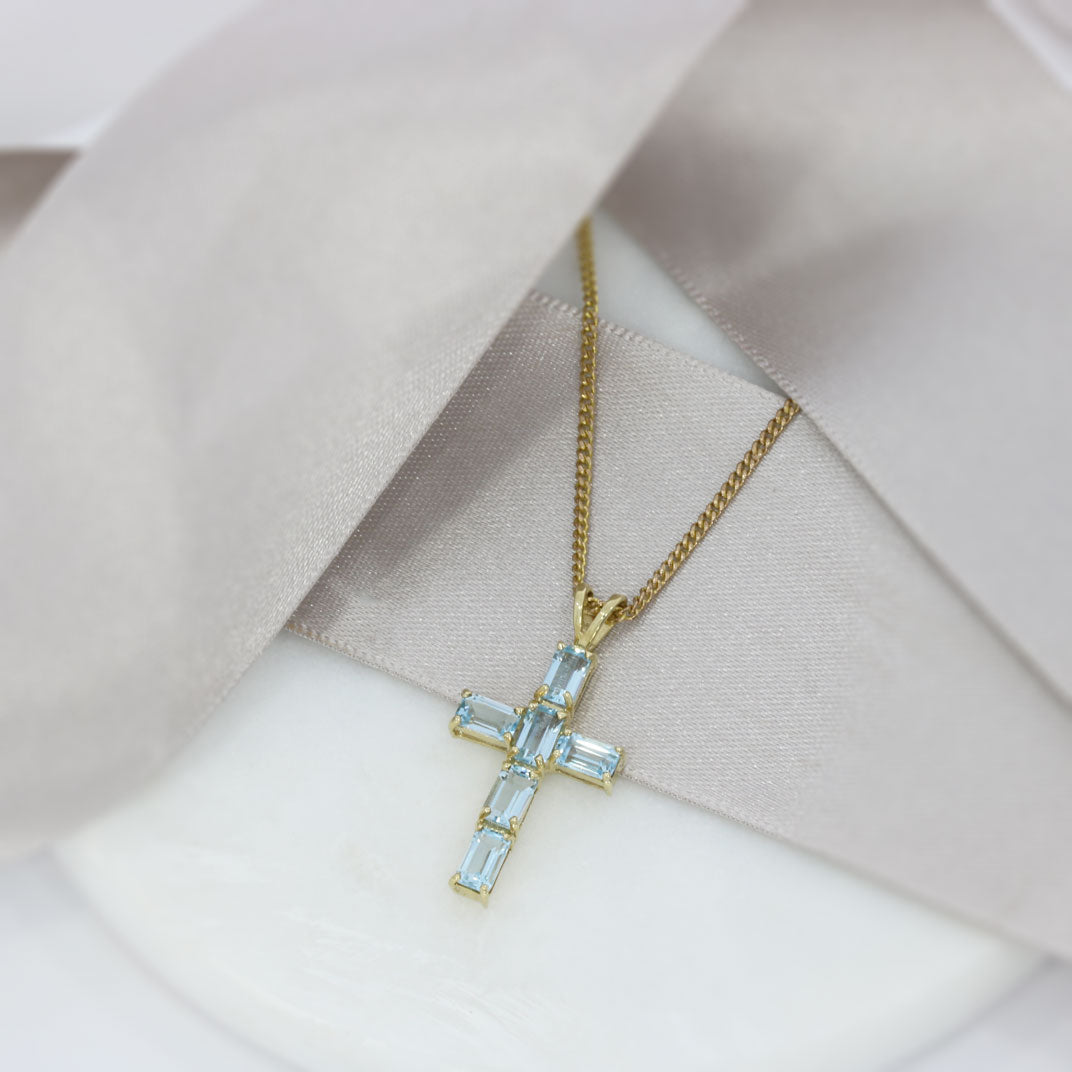 Pre Owned 9ct Yellow Gold Blue Topaz Cross & Chain