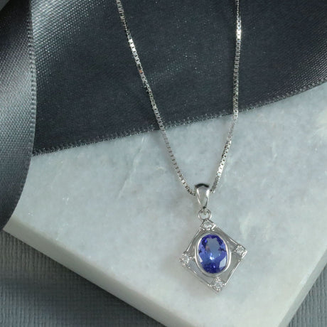 9ct White Gold Tanzanite & Diamond Pendant