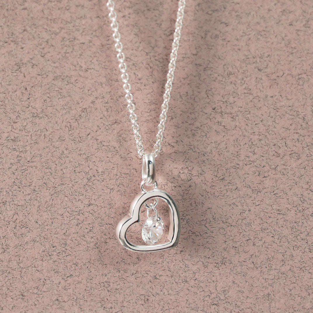 Silver Open Heart Pendant With Suspended CZ